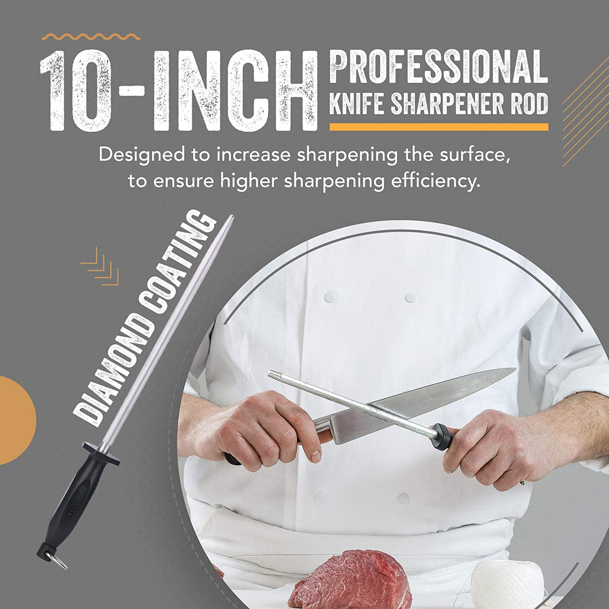 10/12'' Professional Chef Knife Sharpener Rod Diamond Sharpening Stick  Honing Steel For Kitchen Knife And Stainless Steel Knives