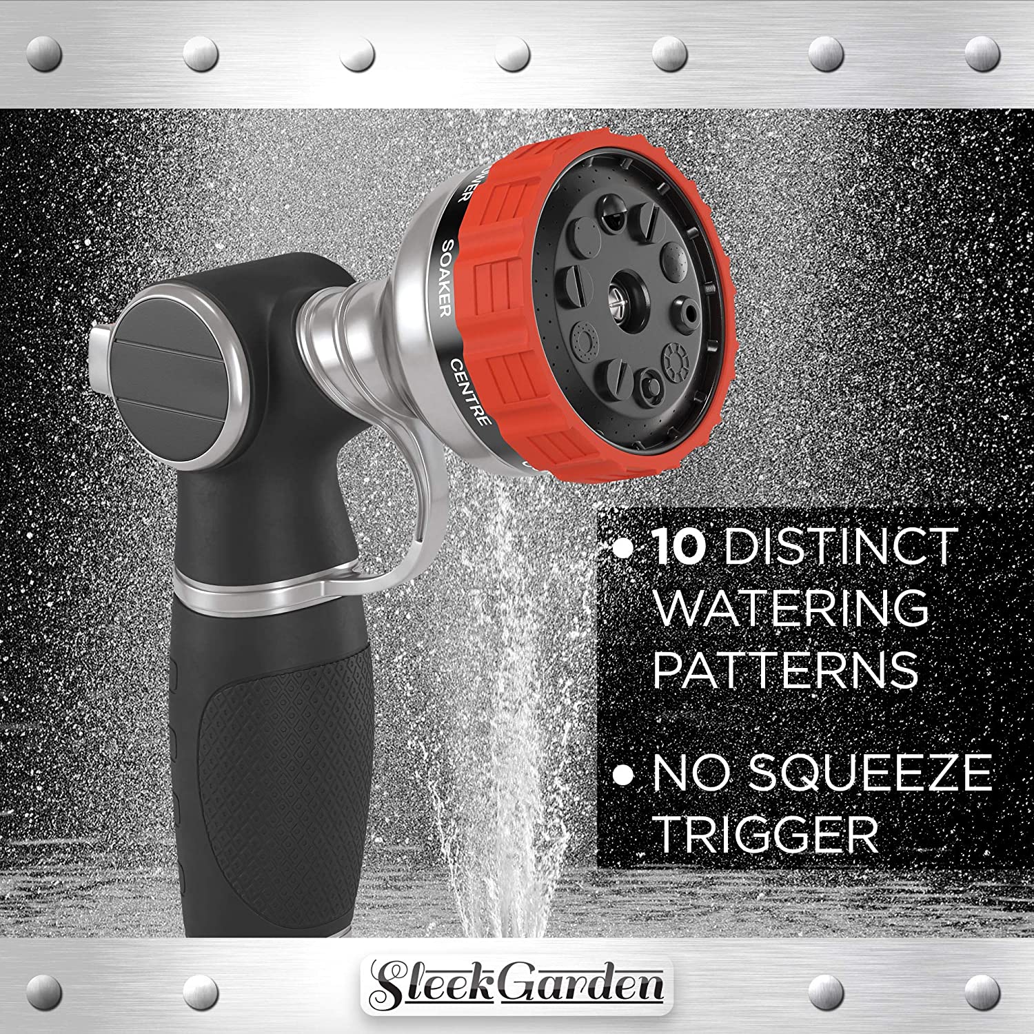 Sleek Garden Heavy Duty Garden Hose Nozzle Hand Sprayer with 9 Adjustable Spray Patterns, Red